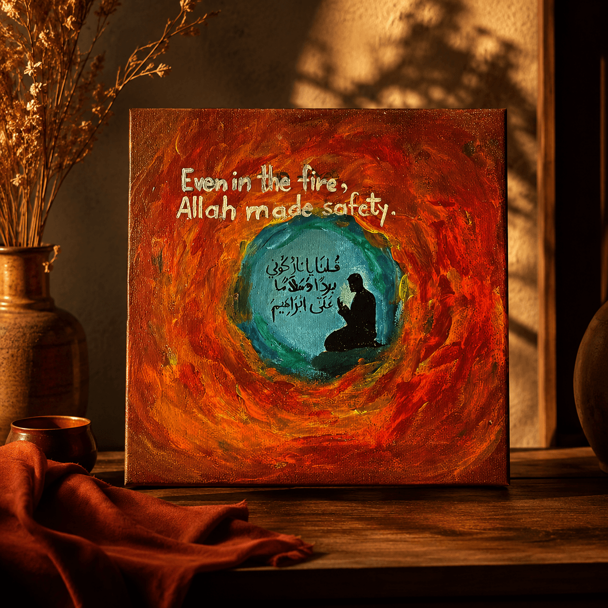 Textured fiery painting with a cool teal center showing Prophet Ibrahim in prayer surrounded by flames