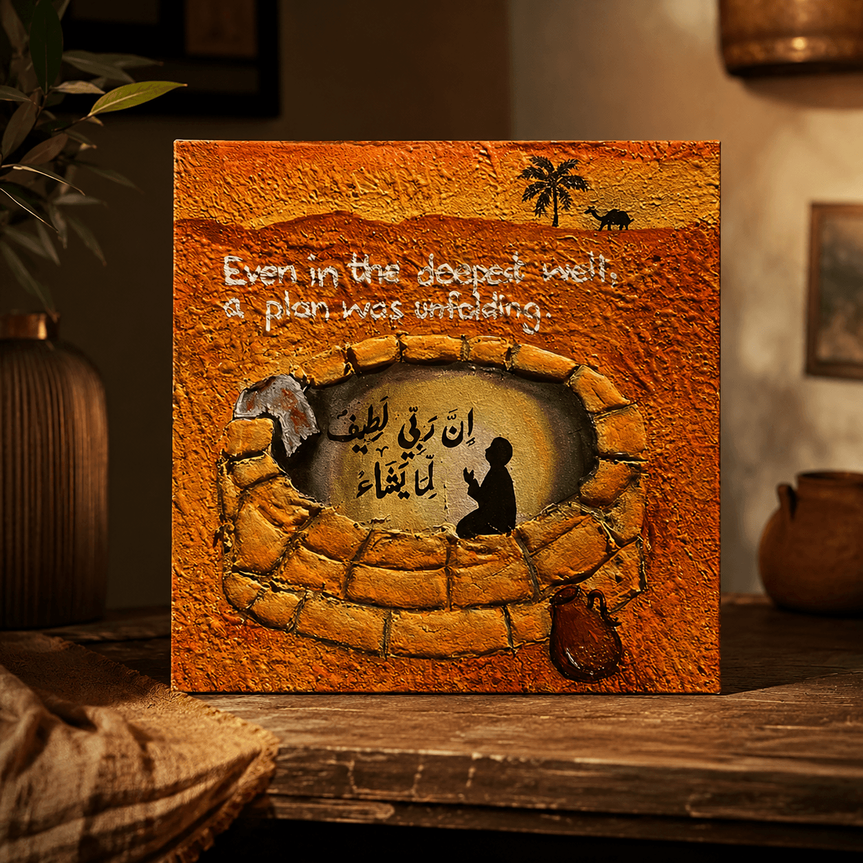 Textured desert and stone well artwork showing Prophet Yusuf in prayer with Quranic calligraphy