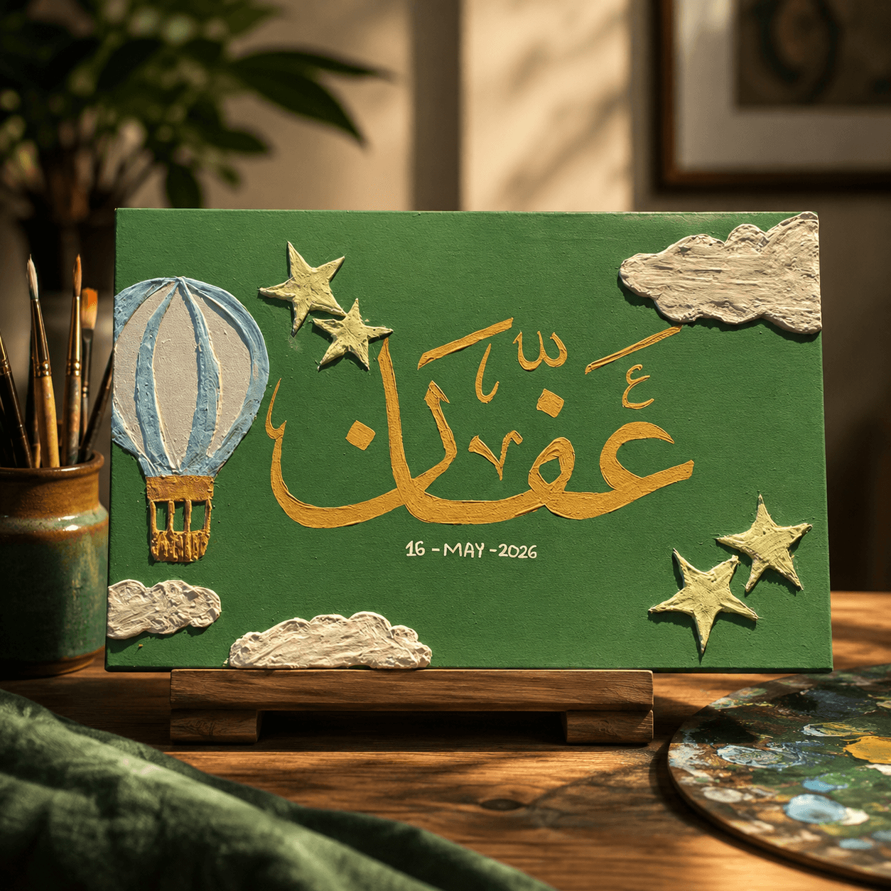 Pastel green textured canvas with 3D sculpted clouds, stars, hot air balloon and gold Arabic calligraphy for Affan