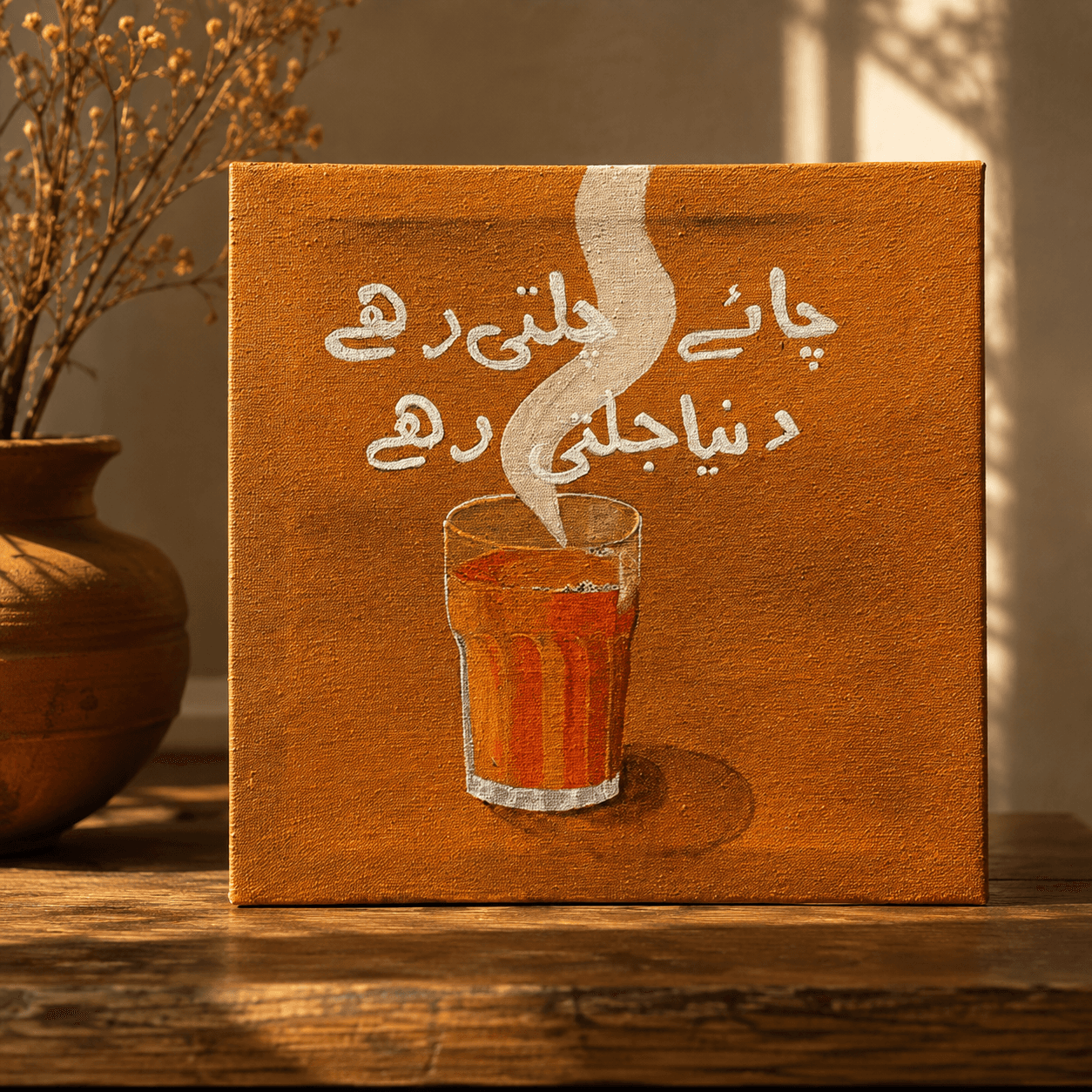 Warm amber textured painting with a glass of steaming chai and Urdu calligraphy 'Chai chalti rahay dunya jalti rahay'