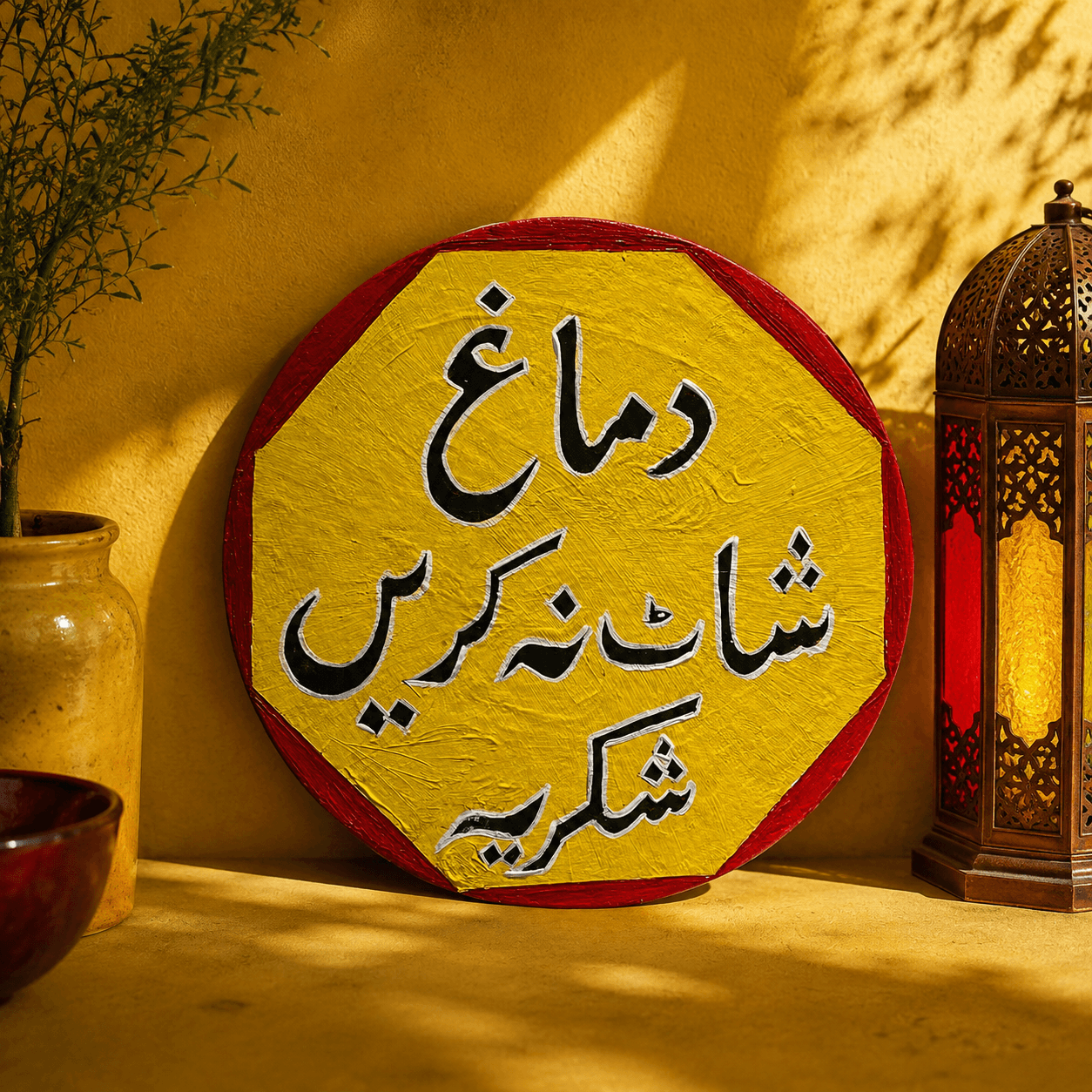 Circular yellow street sign style artwork with bold Urdu text reading Dimagh Shat Na Karain Shukriya
