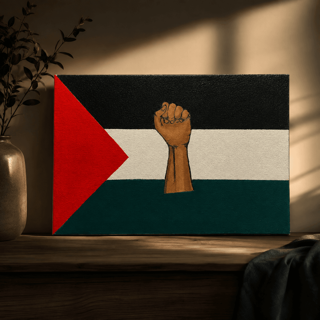 Textured landscape painting of the Palestinian flag with a raised clenched fist of resilience and solidarity