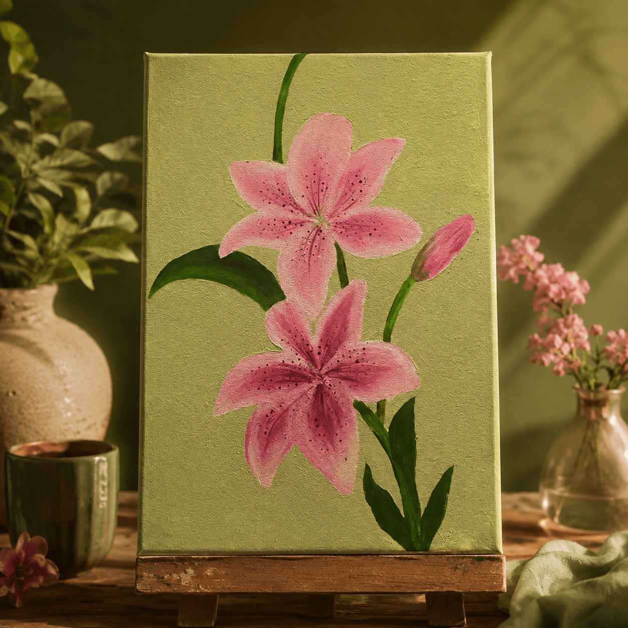 Delicate vertical painting of pink Stargazer lilies in full bloom on a textured sage green background