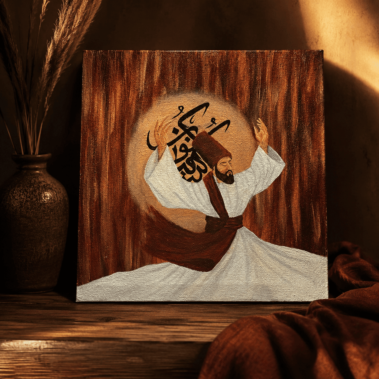 Textured painting of a whirling dervish with arms outstretched against a golden halo and Arabic calligraphy