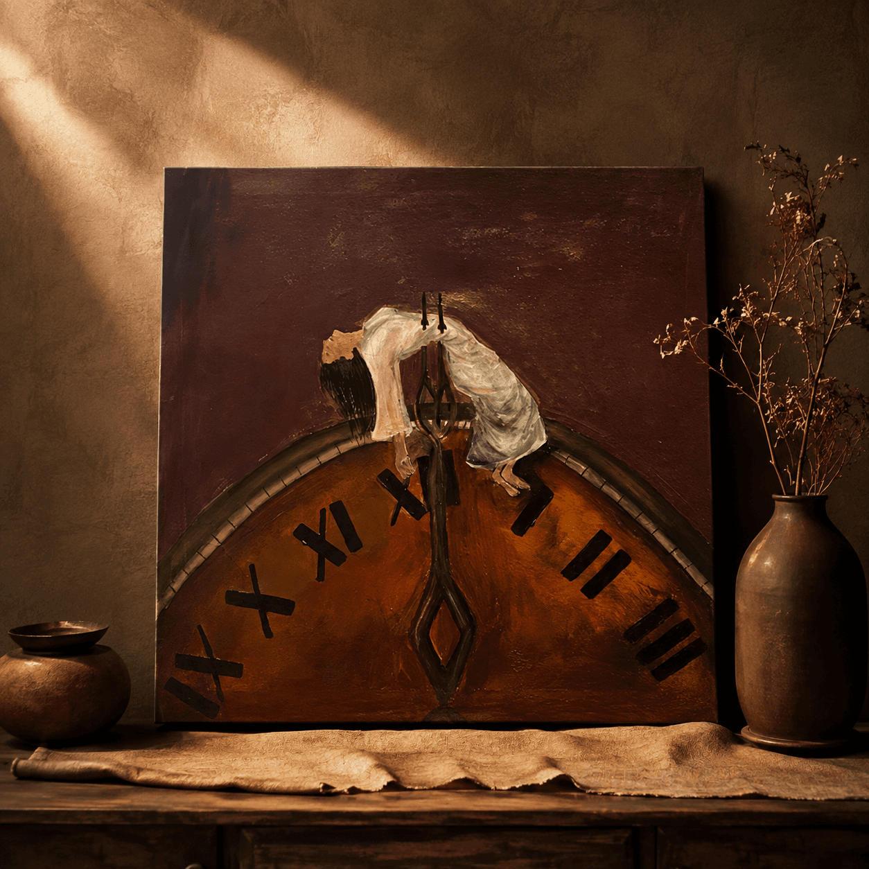 Textured painting depicting a woman draped gracefully across the hands of a Roman numeral clock at 12 o'clock